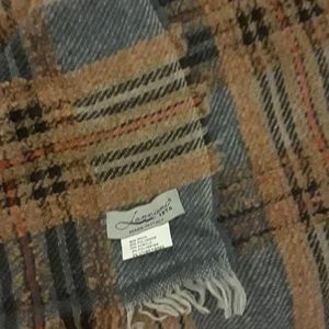 Camel and denim plaid wool wrap.